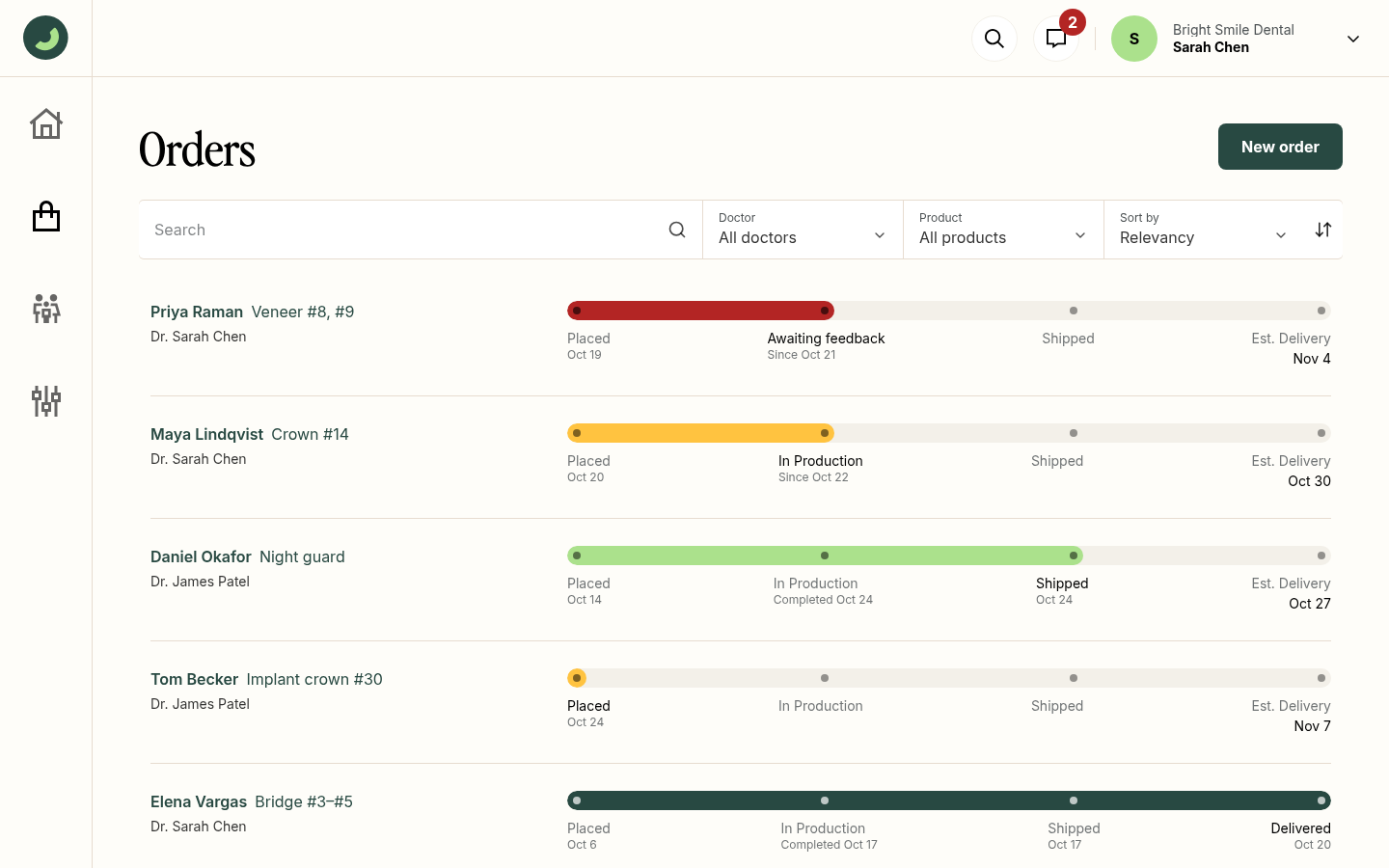 The Orders page showing five cases with progress bars from placed to delivered and estimated delivery dates