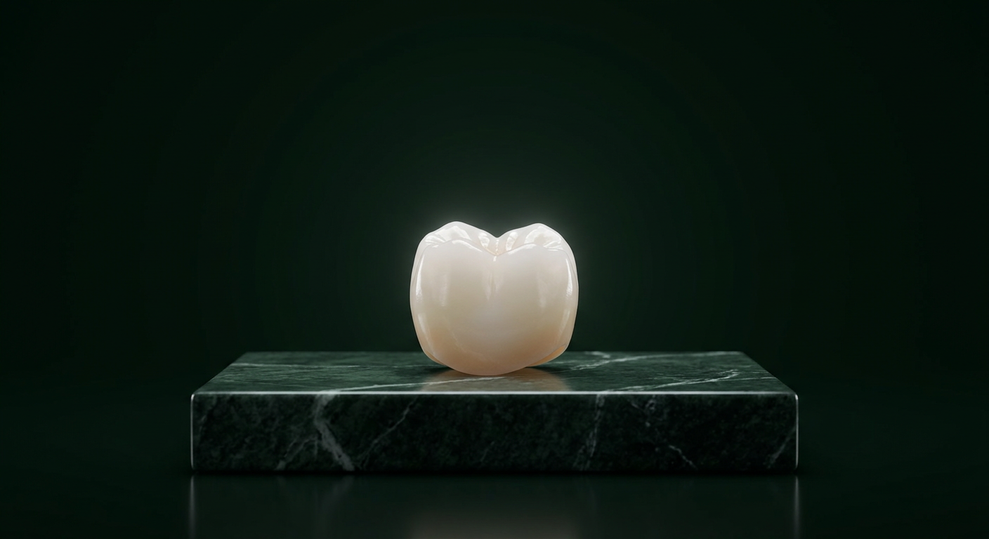A zirconia crown resting on a green marble pedestal