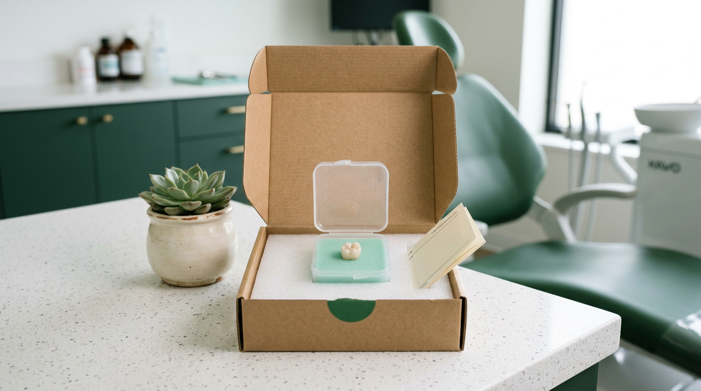 A finished zirconia crown arriving at the practice in its shipping box