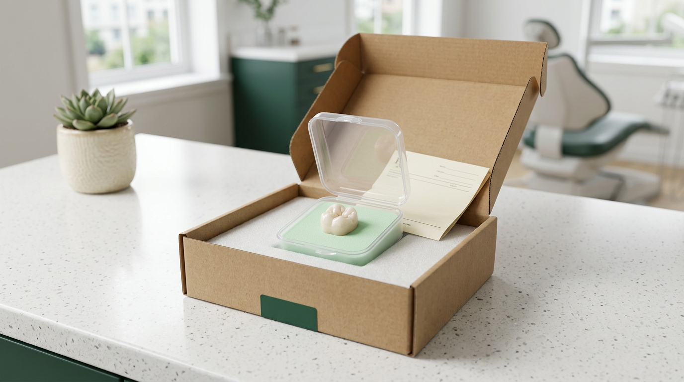 A finished zirconia crown arriving at the practice in its shipping box