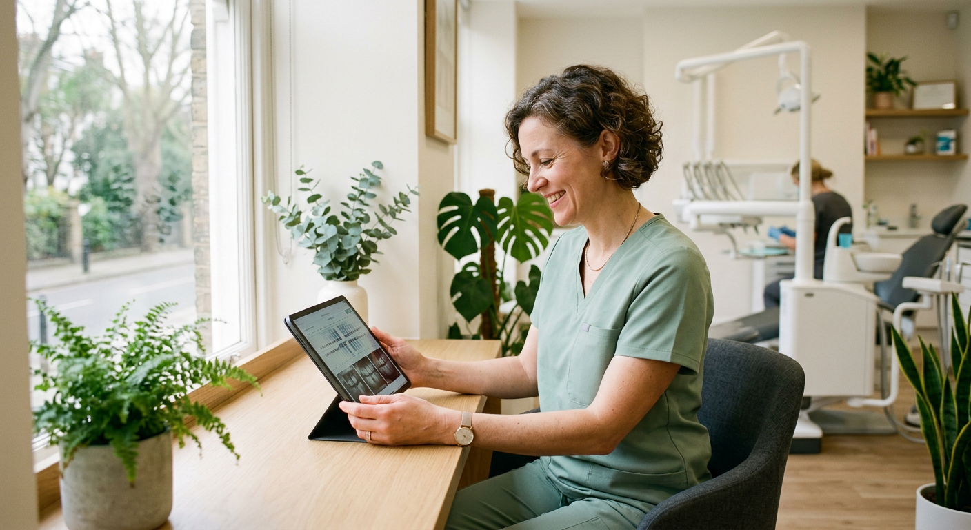 A dentist choosing a restoration on a tablet