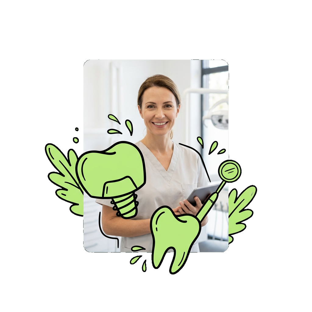 A smiling dentist holding a tablet, surrounded by hand-drawn crowns, a tooth and a dental mirror