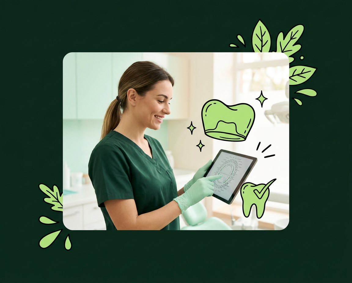 A dentist tapping a tooth chart on a tablet, with a hand-drawn crown and checked tooth spilling out of the frame