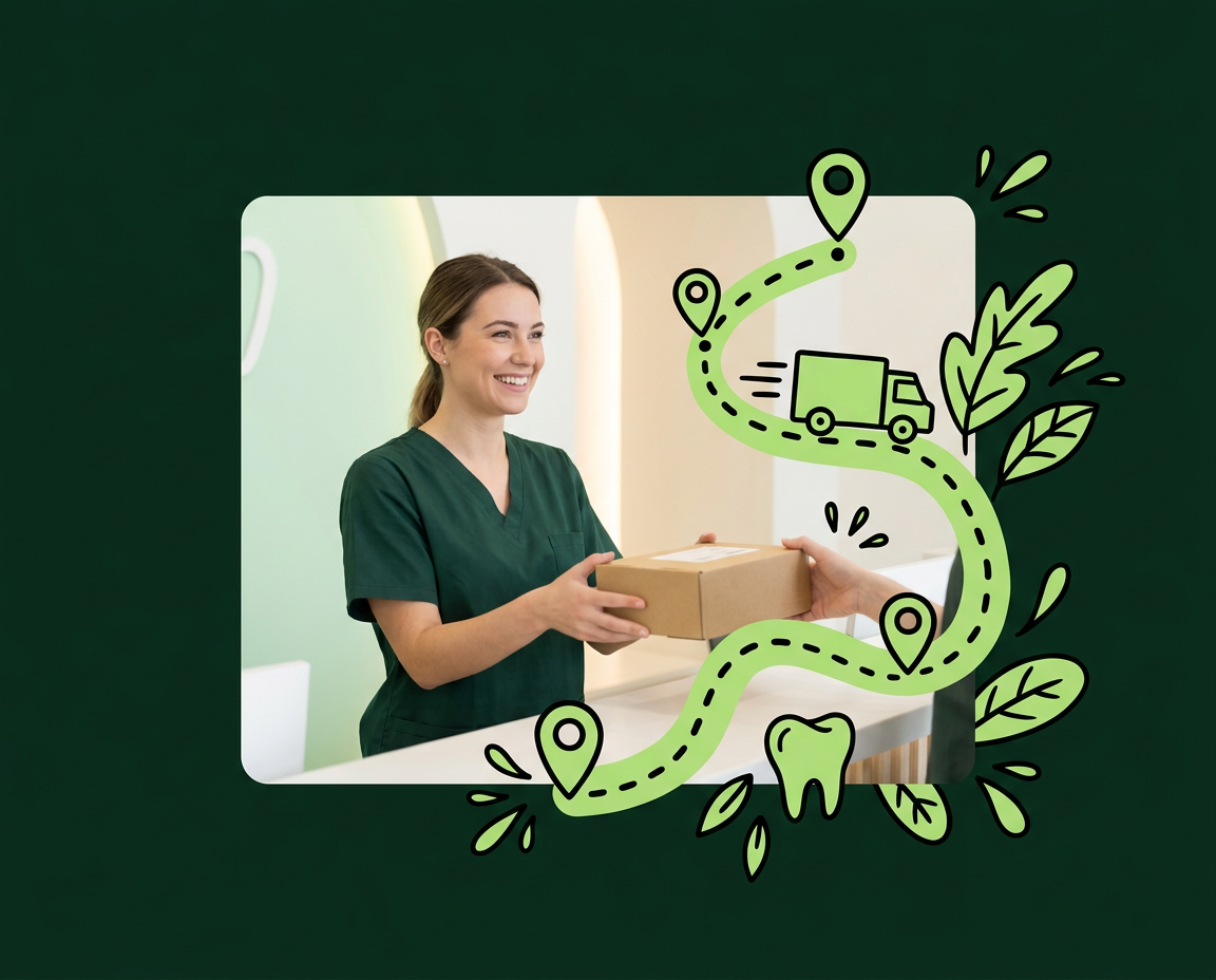 A dental assistant receiving a parcel at the front desk, with a hand-drawn delivery route, map pins and truck