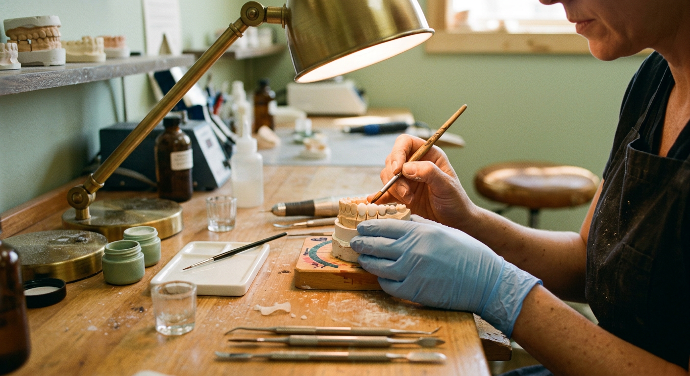 A dental lab technician hand-finishing a zirconia crown at the bench